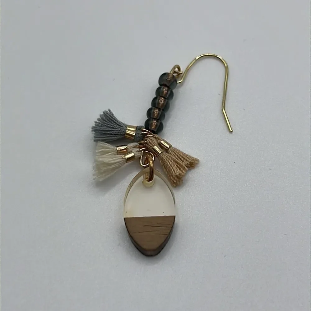 Gold Tone Beaded Tassels and Earth Tone Charm Drop Boho 2” Earrings